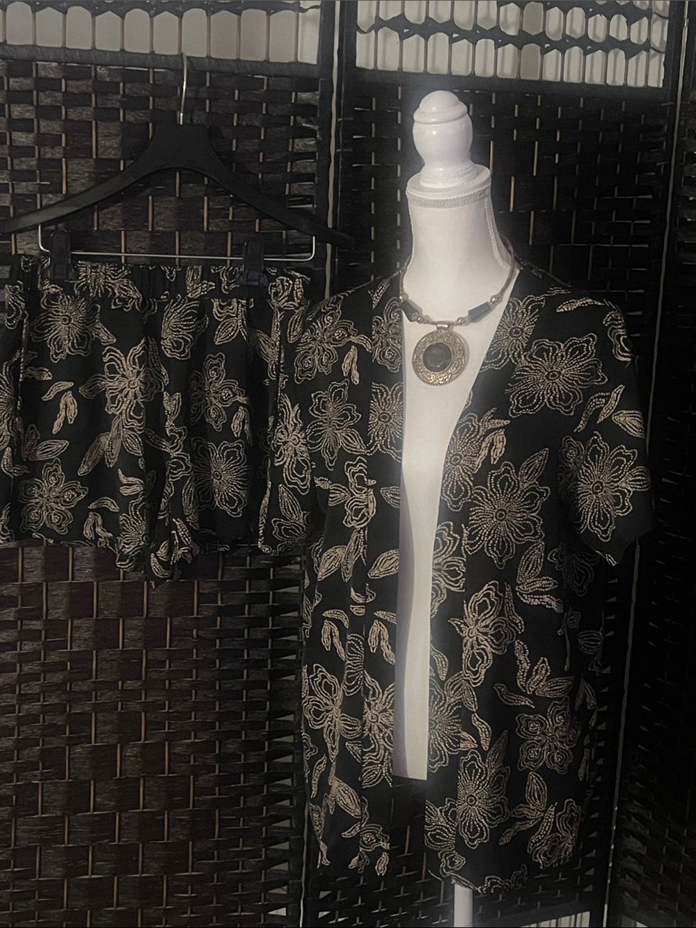 SHEIN Black Short Sleeve Floral Kimono and Shorts Set